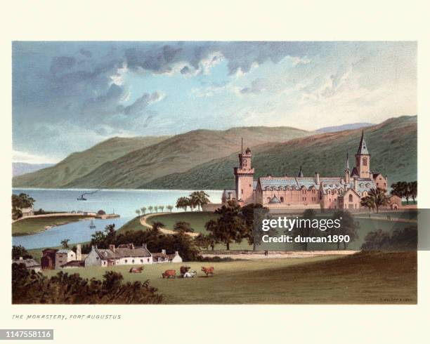 scottish landscape, fort augustus abbey, 19th century - fort augustus stock illustrations