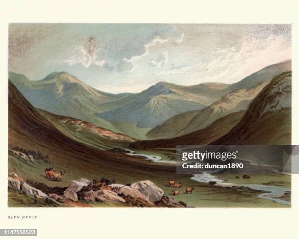 scottish landscape, glen nevis, highland, scotland, 19th century - scottish culture stock illustrations