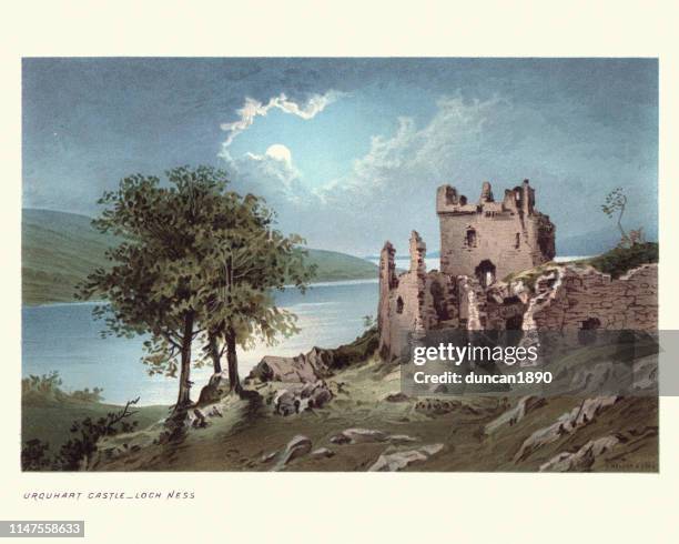 scottish landscape, urquhart castle loch ness, 19th century - loch ness castle stock illustrations