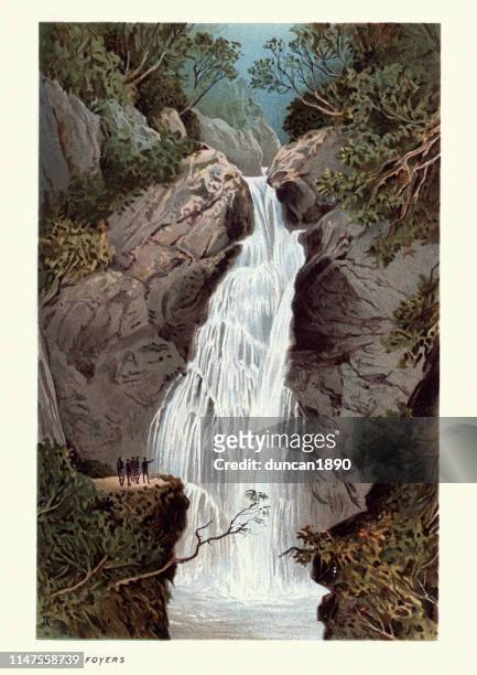 stockillustraties, clipart, cartoons en iconen met schotse landschap, vallen van foyers, 19de eeuw - waterval