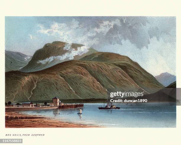 scottish landscape, ben nevis from corpach, 19th century - ben nevis stock illustrations