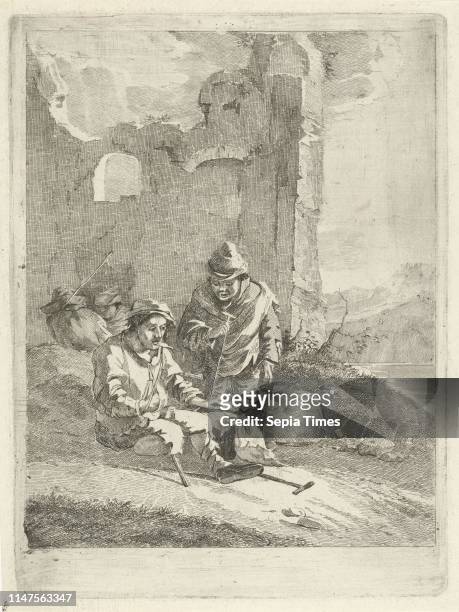 Four figures, two of which are suffering from leprosy, in ruins. One of the two men in the foreground has a wooden leg and wearing a sling, print...