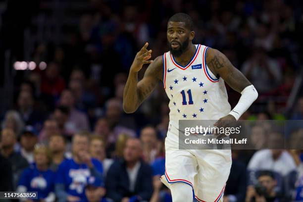 James Ennis III of the Philadelphia 76ers reacts against the Toronto Raptors in Game Four of the Eastern Conference Semifinals at the Wells Fargo...