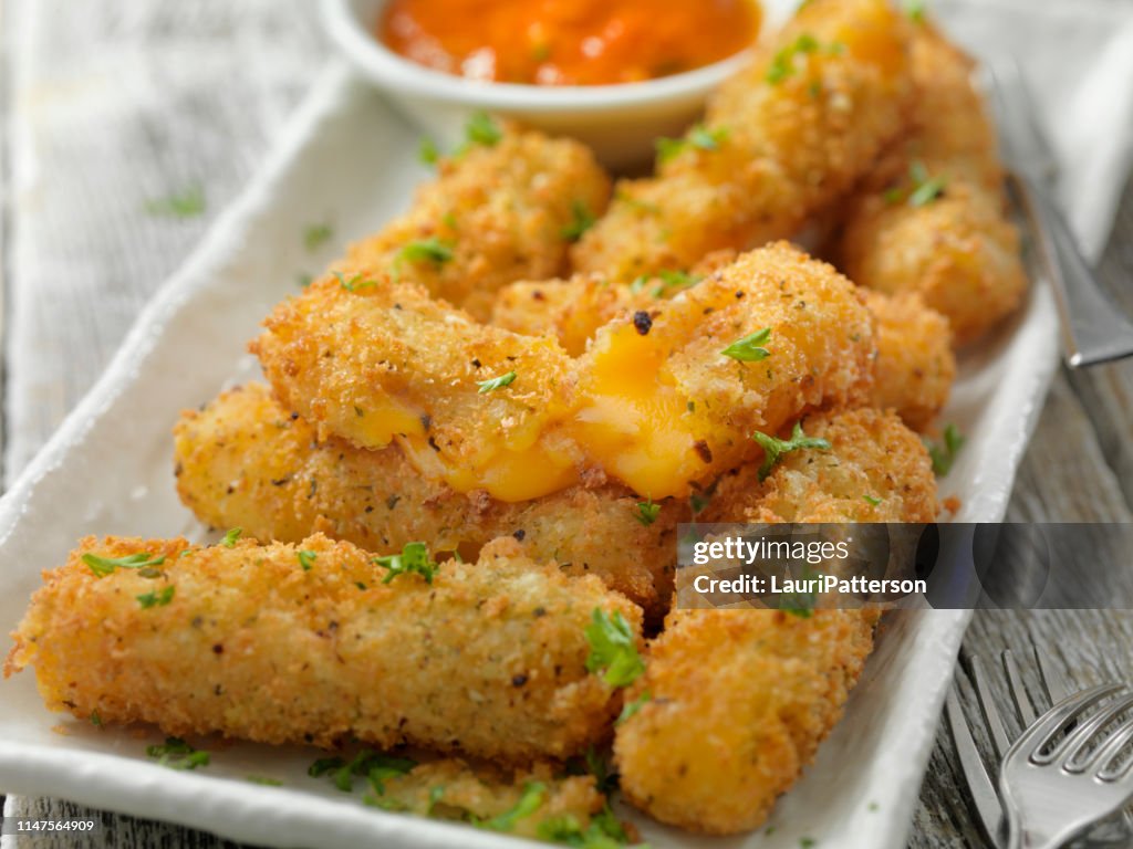 Breaded Cheddar Cheese Sticks with Marinara Dipping Sauce