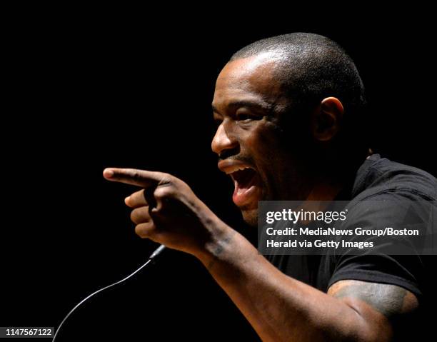 Marc Lamont Hill speaks during a panel on free speech and the Israeli-Palestinian conflict at the University of Massachusetts campus in Amherst,...