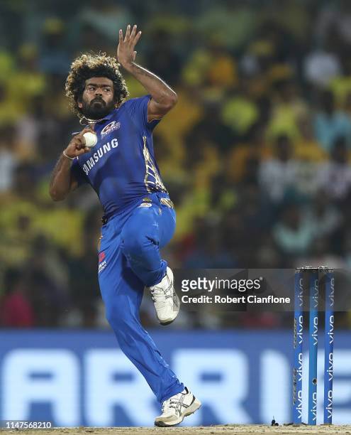 Lasith Malinga of the Mumbai Indians bowls during the India Premier League IPL Qualifier Final match between the Mumbai Indians and the Chennai Super...