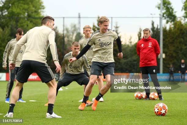 Frenkie de Jong takes part in a drill during an Ajax training session on the eve of their UEFA Champions League semi final against Tottenham Hotspur...