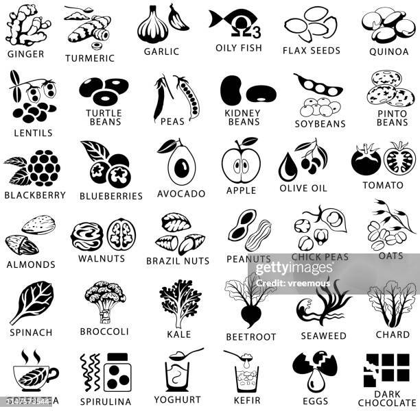 healthy food and superfoods single color black icons set - dietary fiber icon stock illustrations