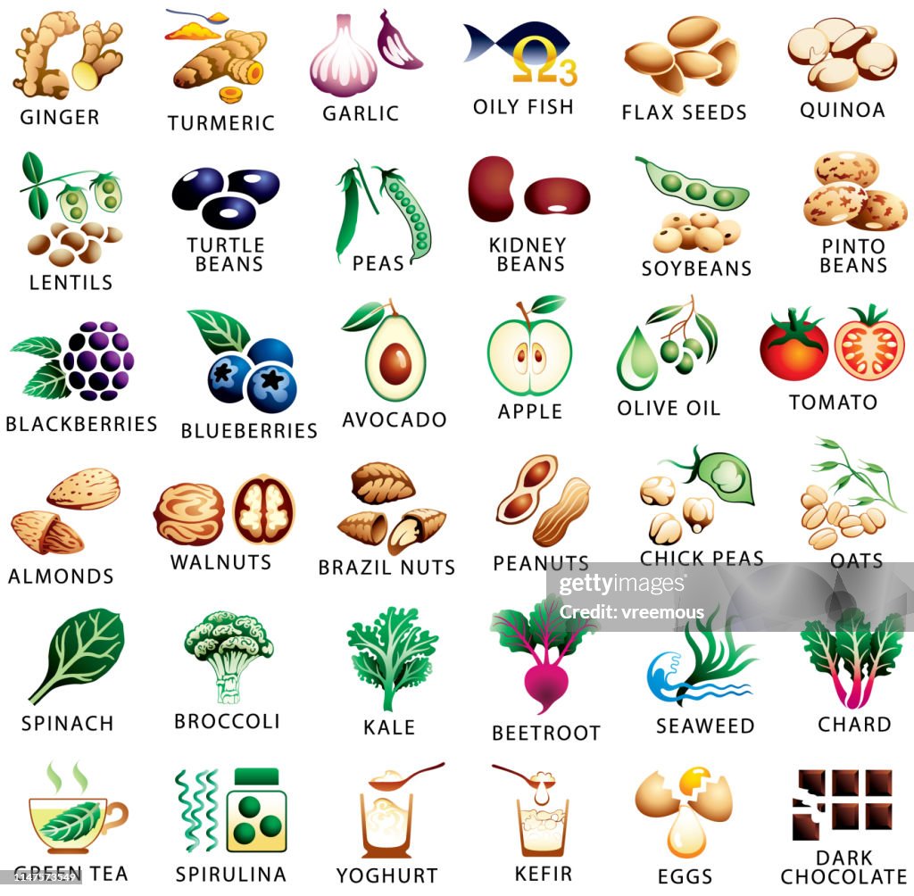 Healthy food and superfoods color icons set