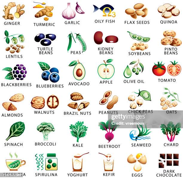 healthy food and superfoods color icons set - blueberry stock illustrations