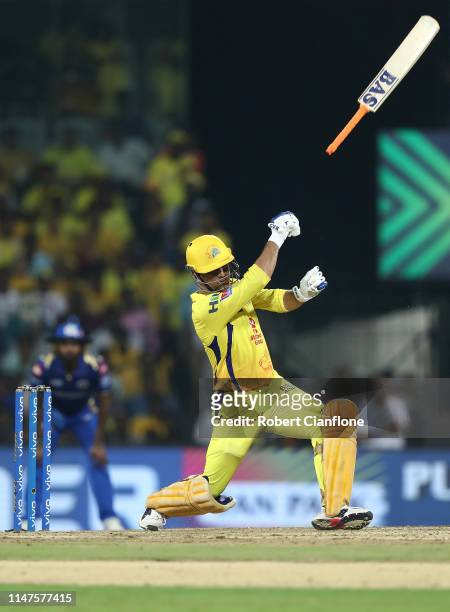 Ms Dhoni of the Chennai Super Kings loses grip on his bat during the India Premier League IPL Qualifier Final match between the Mumbai Indians and...