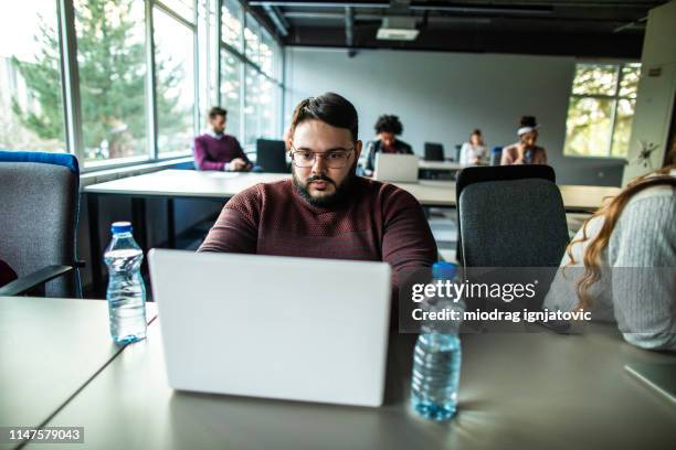 it expert using lap top in the office - fat man beard stock pictures, royalty-free photos & images