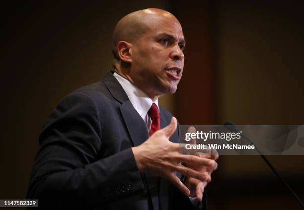 Democratic presidential candidate Sen. Cory Booker speaks at the International Association of Machinists and Aerospace Workers annual legislative...