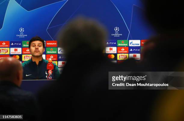 Mauricio Pochettino, Manager of Tottenham Hotspur looks on during a Tottenham Hotspur press conference on the eve of their UEFA Champions League semi...