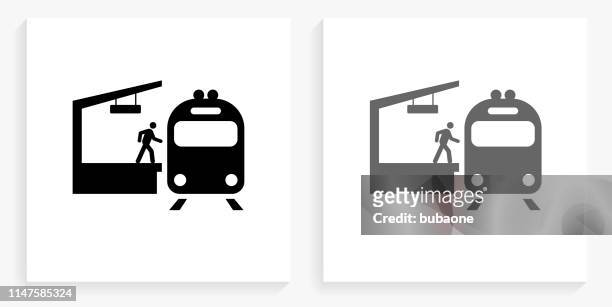 train stop black and white square icon - railway station stock illustrations