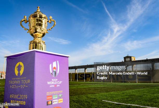 View of the Webb Ellis Cup at Penintenciaria Nº48 of San Martin during day one of the Rugby World Cup 2019 Trophy Tour on June 2, 2019 in Buenos...