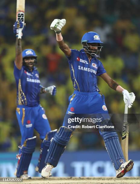 Hardik Pandya of the Mumbai Indians celebrates after teammate Suryakumar Yadav scored the winning runs during the India Premier League IPL Qualifier...