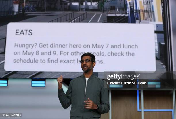 Google CEO Sundar Pichai delivers the keynote address at the 2019 Google I/O conference at Shoreline Amphitheatre on May 07, 2019 in Mountain View,...