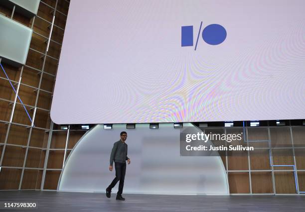 Google CEO Sundar Pichai delivers the keynote address at the 2019 Google I/O conference at Shoreline Amphitheatre on May 07, 2019 in Mountain View,...