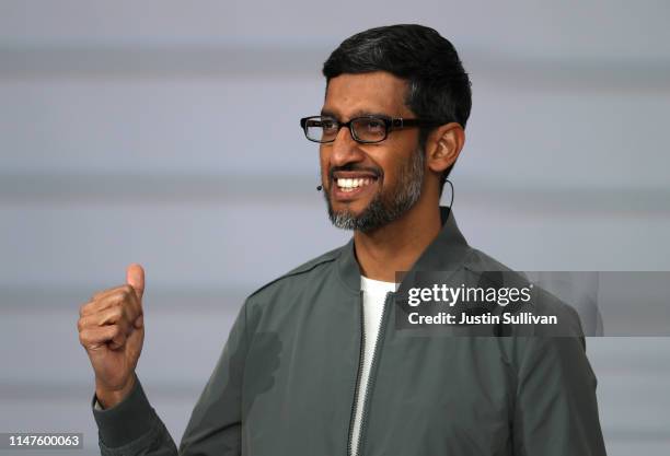 Google CEO Sundar Pichai delivers the keynote address at the 2019 Google I/O conference at Shoreline Amphitheatre on May 07, 2019 in Mountain View,...