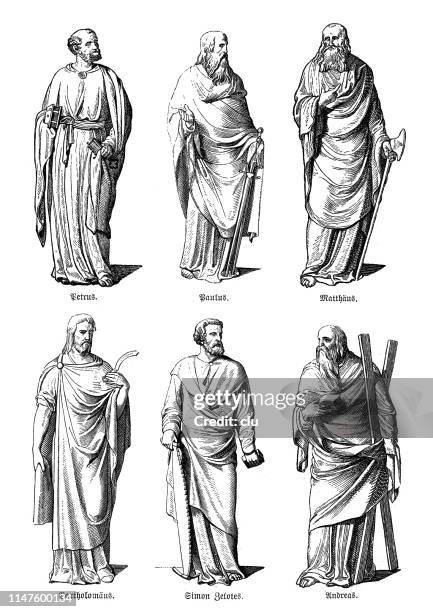 apostles statues, peter, paul, matthew, bartholomew, simon, andrew - religious saint stock illustrations