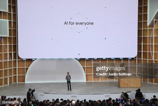 Google CEO Sundar Pichai delivers the keynote address at the 2019 Google I/O conference at Shoreline Amphitheatre on May 07, 2019 in Mountain View,...