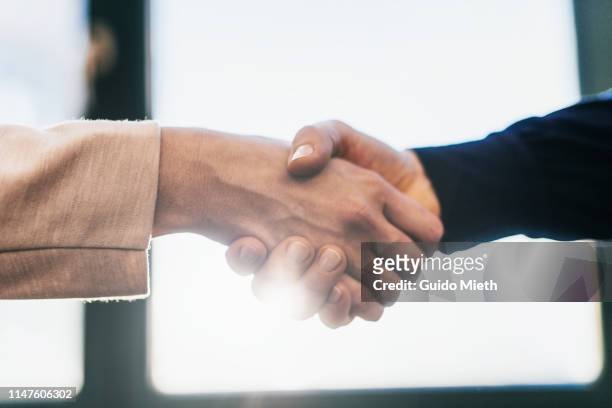 two business women shaking hands in office. - handshake stock-fotos und bilder