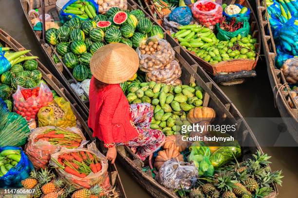 vietnamese woman selling fruits on floating market, mekong river delta, vietnam - vietnam imagens e fotografias de stock