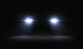 Realistic car headlights. Train front light beams, transparent bright glowing light rays, night road light effects. Vector 3d lights