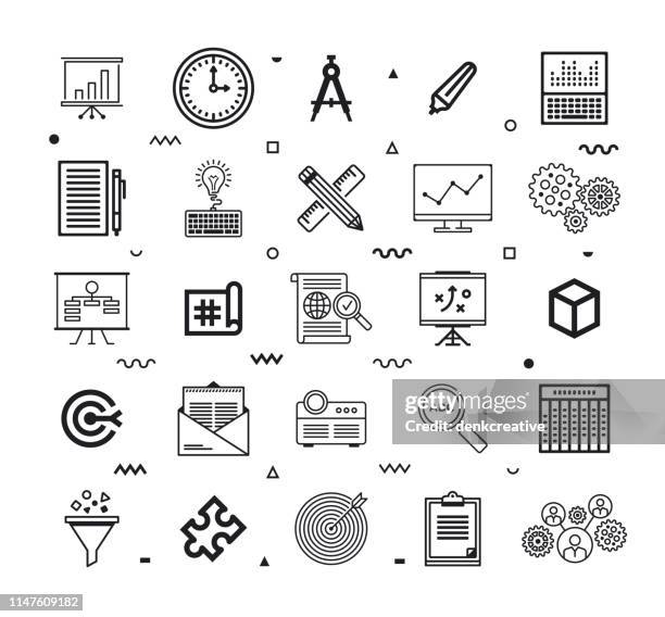 project management insurance line style vector icon set - quiz time stock illustrations