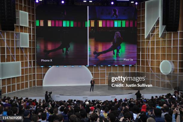 Google Vice President of Product Management Sabrina Ellis announces the new Google Pixel 3A during the keynote address at the 2019 Google I/O...