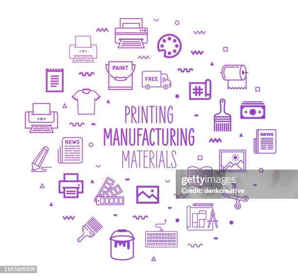 printing manufacturing materials outline style infographic design - factory manager stock illustrations