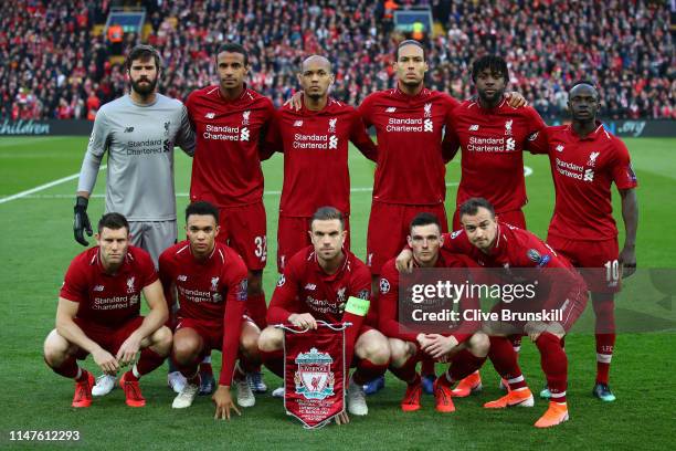 Liverpool players line up prior to the UEFA Champions League Semi Final second leg match between Liverpool and Barcelona at Anfield on May 07, 2019...