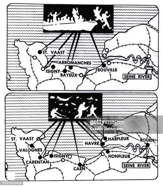 Top--Amphibious operations--here are the first key spots on the Normandy coast of France where Allied invasion forces came ashore by boat to set up...