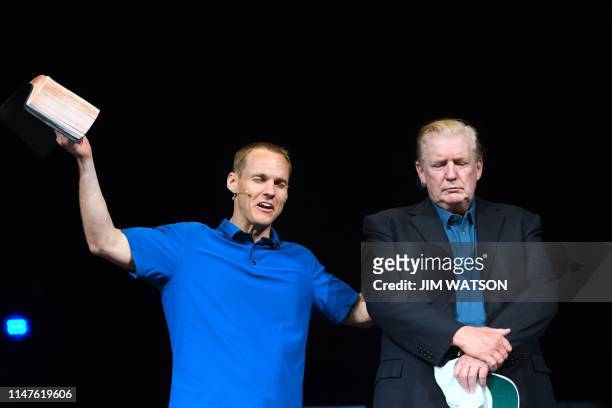 President Donald Trump looks on as he visits McLean Bible Church in Vienna, Virginia on June 2 to visit with Pastor David Platt and pray for the...
