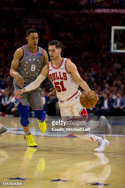 Ryan Arcidiacono of the Chicago Bulls drives to the basket against Zhaire Smith of the Philadelphia 76ers at the Wells Fargo Center on April 10, 2019...