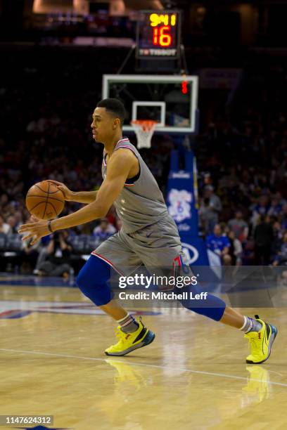 Zhaire Smith of the Philadelphia 76ers dribbles the ball against the Chicago Bulls at the Wells Fargo Center on April 10, 2019 in Philadelphia,...