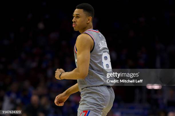 Zhaire Smith of the Philadelphia 76ers runs up the court against the Chicago Bulls at the Wells Fargo Center on April 10, 2019 in Philadelphia,...