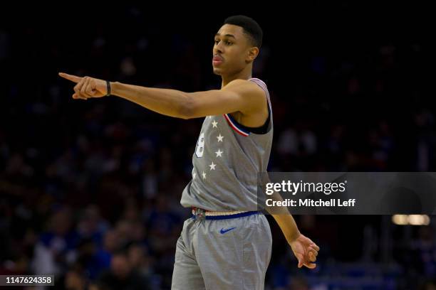 Zhaire Smith of the Philadelphia 76ers points against the Chicago Bulls at the Wells Fargo Center on April 10, 2019 in Philadelphia, Pennsylvania....