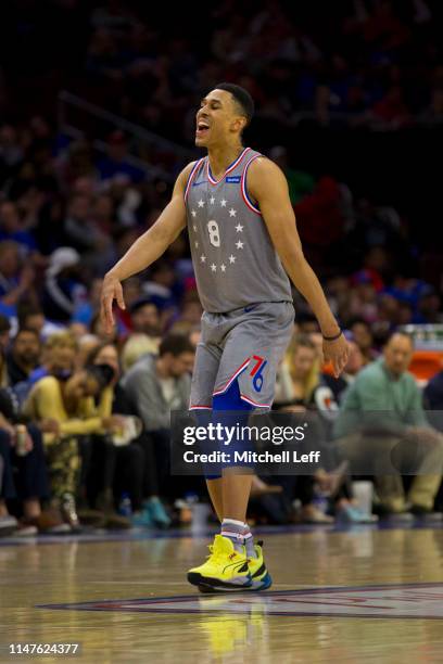 Zhaire Smith of the Philadelphia 76ers reacts against the Chicago Bulls at the Wells Fargo Center on April 10, 2019 in Philadelphia, Pennsylvania....