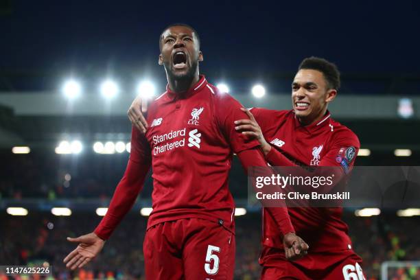 Georginio Wijnaldum of Liverpool celebrates after scoring his team's third goal during the UEFA Champions League Semi Final second leg match between...