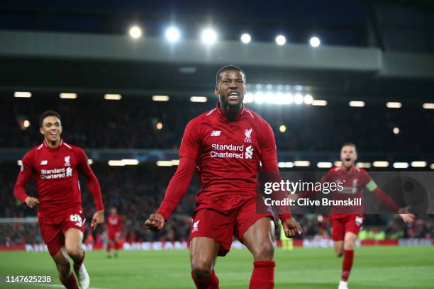 Georginio Wijnaldum of Liverpool celebrates after scoring his team's third goal during the UEFA Champions League Semi Final second leg match between...