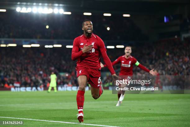 Georginio Wijnaldum of Liverpool celebrates after scoring his team's third goal during the UEFA Champions League Semi Final second leg match between...