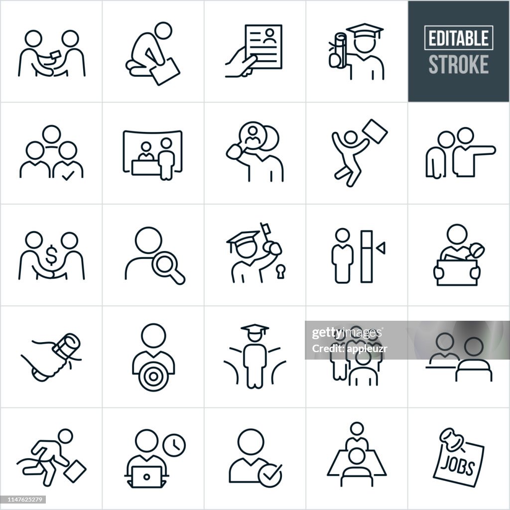 Reclutamiento de trabajo y contratación de iconos de línea delgada-trazo editable