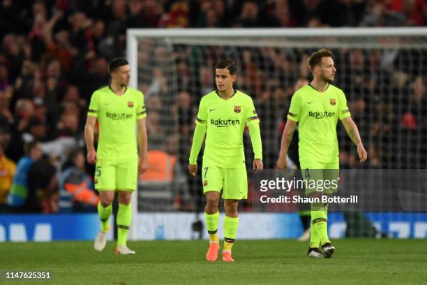 Philippe Coutinho of Barcelona and Ivan Rakitic of Barcelona look dejected during the UEFA Champions League Semi Final second leg match between...