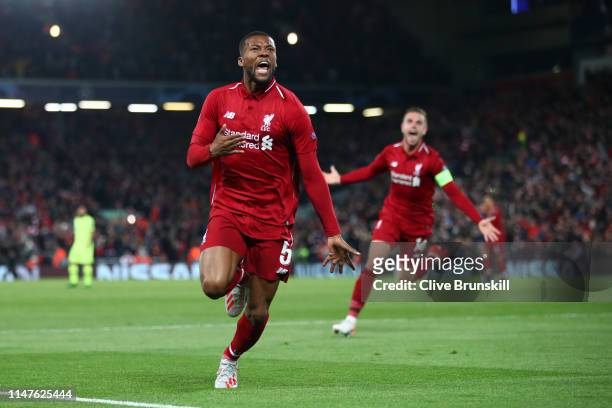 Georginio Wijnaldum of Liverpool celebrates after scoring his team's third goal during the UEFA Champions League Semi Final second leg match between...
