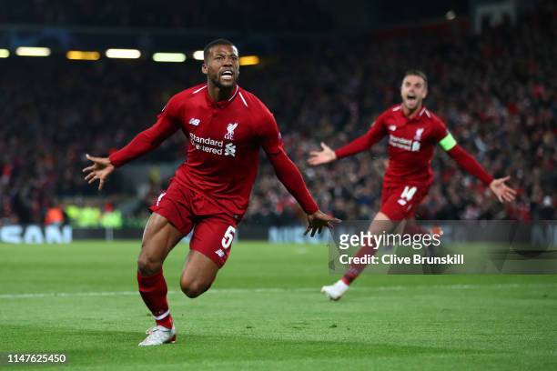 Georginio Wijnaldum of Liverpool celebrates after scoring his team's third goal during the UEFA Champions League Semi Final second leg match between...