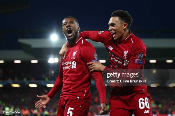 Georginio Wijnaldum of Liverpool celebrates after scoring his team's third goal with Trent Alexander-Arnold during the UEFA Champions League Semi...