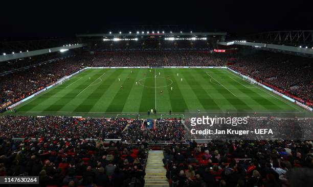 General view during the UEFA Champions League Semi Final second leg match between Liverpool and Barcelona at Anfield on May 07, 2019 in Liverpool,...