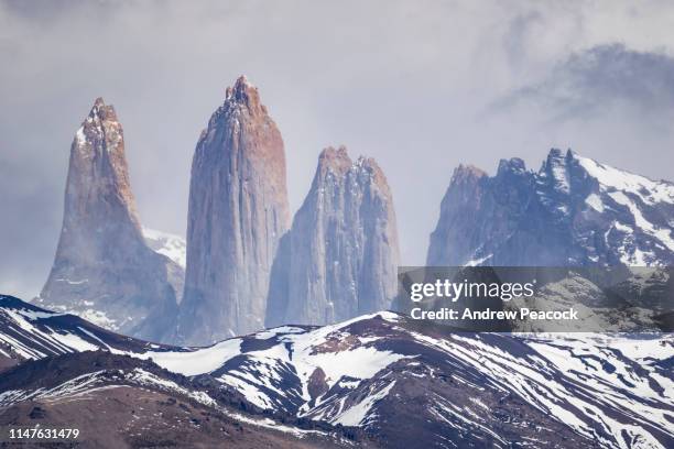torres del paine seen from laguna azul - pinnacle rock formation stock pictures, royalty-free photos & images